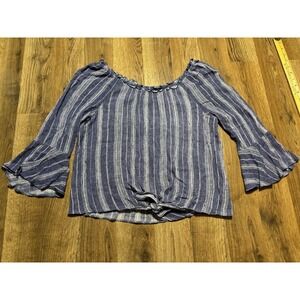 BCX Striped Top Womens Medium Blue Juniors Bell Sleeve Front Tie Excellent